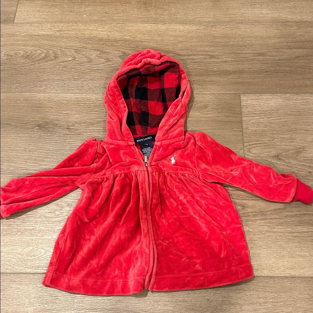 Ralph Lauren Red velour hoodie with Checkered Detail